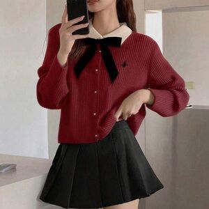 Red Ribbed Cardigan with Contrast Collar & Black Bow